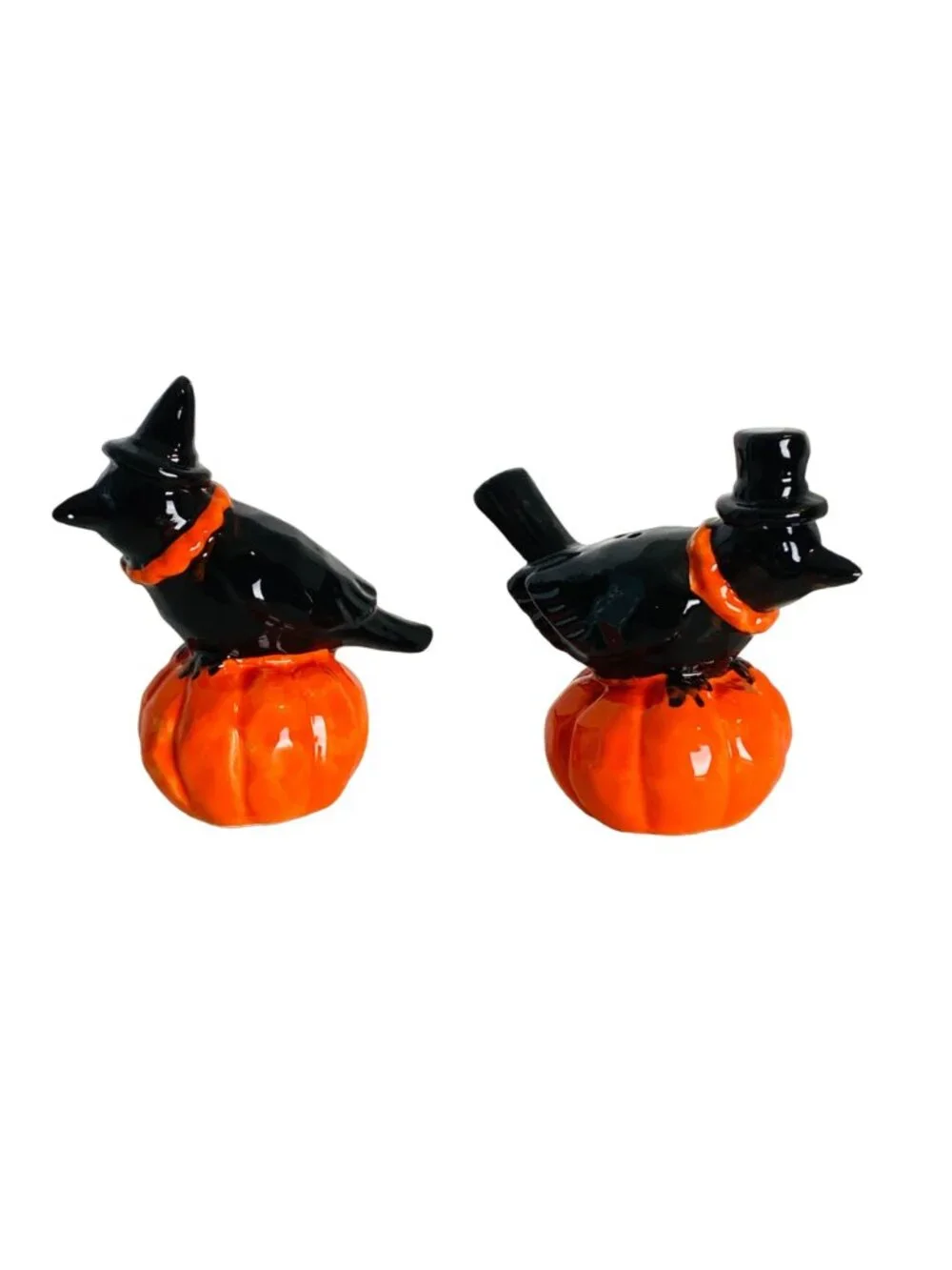 Halloween Black Crows on Jack -o'-lantern Pumpkin Salt & Pepper Shakers Ceramic